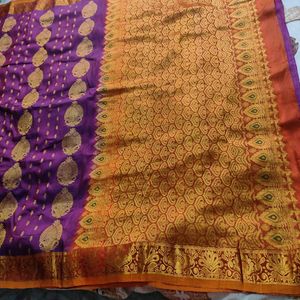 Beautiful Magenta Purple And Golden Silk Saree