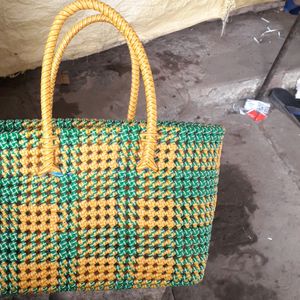 Hand Made Yellow With Green Striped Wire Bag