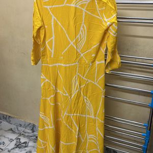 Yellow Designed Long Flared High Low Gown