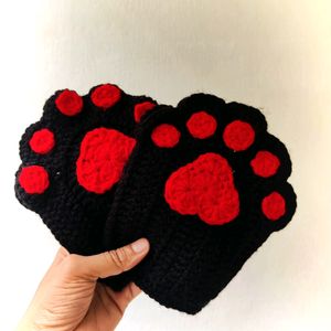 Crochet Black - Red Catpaw Gloves