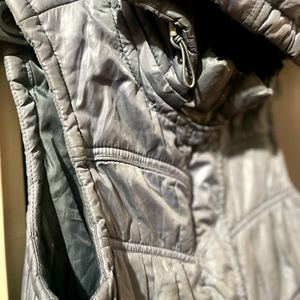 Grey Shiny Puffer Vest Half Jacket With Hoodie