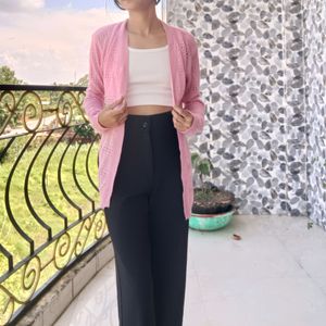 Pink Cardigan With White Crop Top