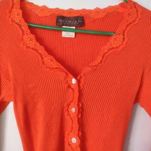 Coral Lace Trimmed Ribbed Top