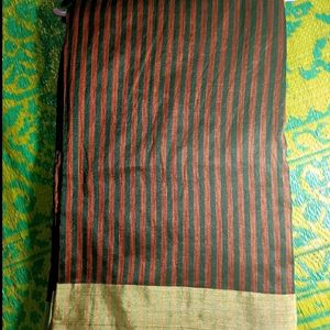 Handloom Saree Black Red Striped Gold Border Sari