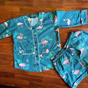 House Of Pj Round Neck Turquoise Flamingo 🦩 Short