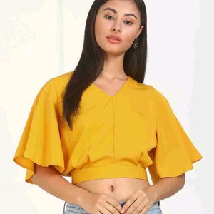 Casual Flared Sleeves Solid Women Yellow Top