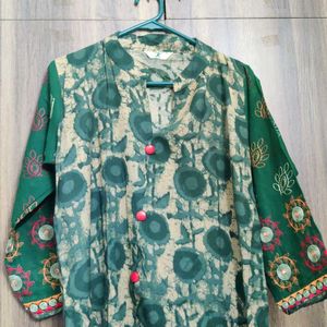 Embroidered And Printed Dark Green Kutra