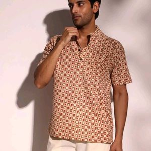 Fabindia Beige Cotton Bagru Printed Shirt