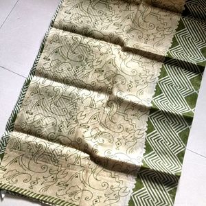 Olive Green And Cream Raw Silk Saree