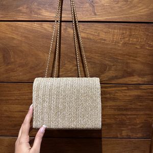 Beige Wicker Bag With Chain Handle