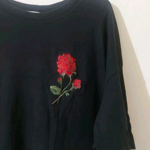 Oversized T-shirt with Rose Embroidery