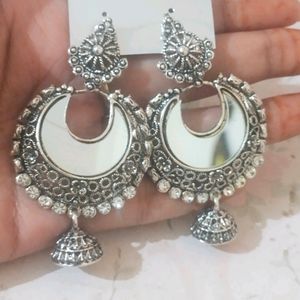 Mirror Oxidised Traditional Work Earings