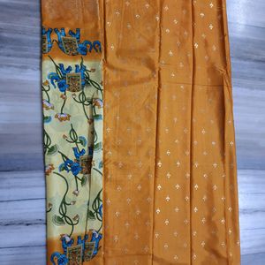 Dola Print Foil Golden Yellow Saree