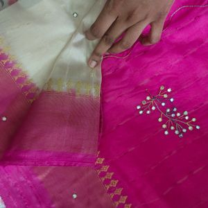 Semi Silk Saree - White And Magenta