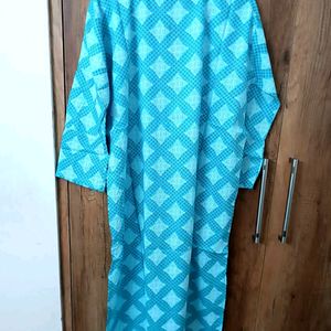 Printed Stitched Cotton Kurta In Light Blue Color