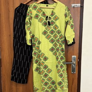 Green Floral Print  With Black Pant Kurta Set