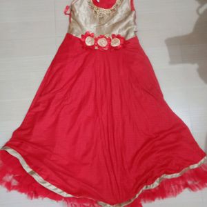 Red coloured frock with flowers