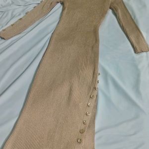 Beige Knitted Full Sleeve Bodycon Dress