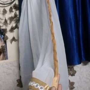 White Dupatta With Golden Lace