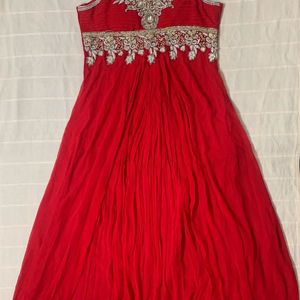 Red Long Flared Gown With Heavy Embroidery