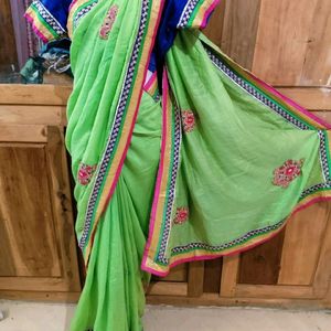 Pista Green Saree With Blouse 34 Size