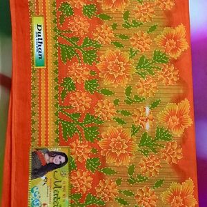 Beautiful Orange Pure Cotton Saree For Daily Wear