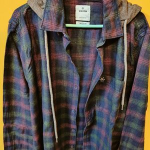 Wrogn Navy Blue Hooded Checked Casual Shirt