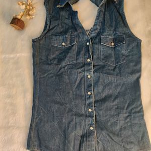 Sleeveless Branded Denim Shirt