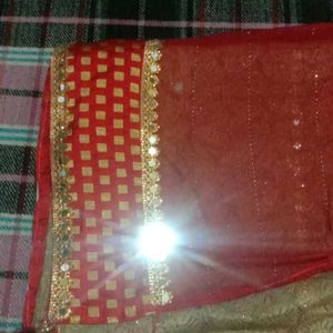 Red And Cream Colour Mirror Work Saree