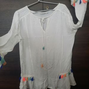 White Top Full Sleeve With Multi Colour Lace