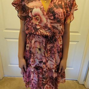 GUESS floral Printed V-neck Flutter Sleeves Dress