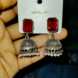 Women Red Silver Earring