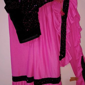 Pink raffuel saree with stitched blouse