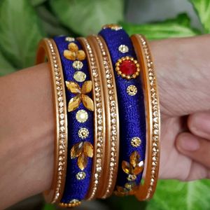 Golden And Blue Designer Silk Thread Bangles Set