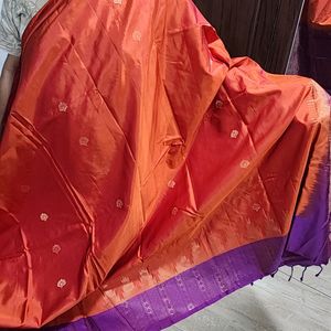 Reddish Orange With Purple Silk Saree