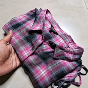 Pink Checked Shirt Style Top