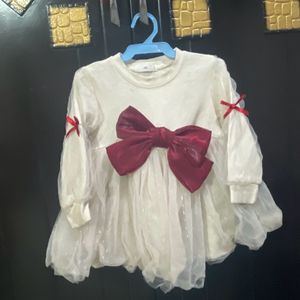 Beautiful Off White Frock With Big Red Colour Bow