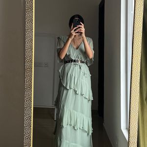 Asymmetric Ruffle Tiered Angel Sleeve Maxi Dress