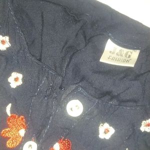 Casual Bell Sleeves Embroidered Navy Blue Top