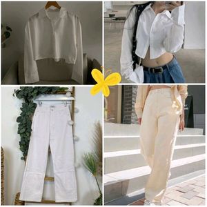 👻Co-ord♡ - White Denim Trouser+Cotton Crop Shirt