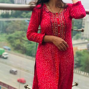 Pink Bandhani Mirror Work Kurti