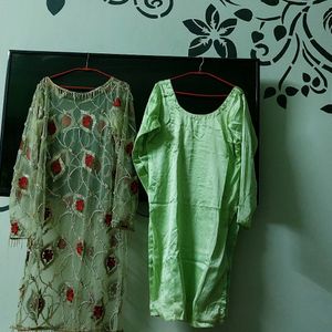 Green Kurta  Net Kurta N Pants  With Attach Inner Orange Duppata