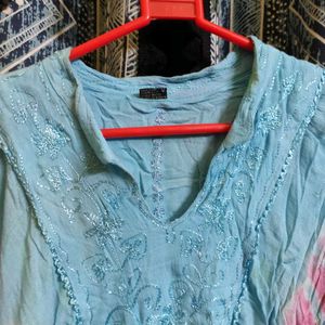 Sky Blue Boho Kaftan Top With Threadwork