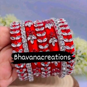 Red And Silver Ad Stone Silkthread Bangles