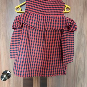 Rust Orange Checked Cold Shoulder Top(Women)