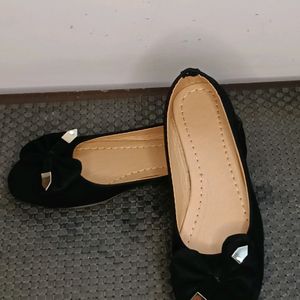 Women Black Bow Velvet Flat Comfortable Ballerinas