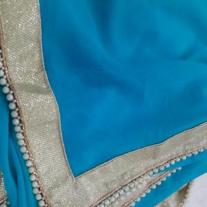 Pearl Studded Sky-blue Color Party wear Saree