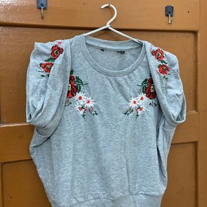 Grey Top With Flower Embroidery- M