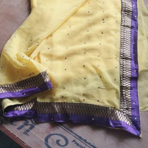 Yellow Saree With Purple Border