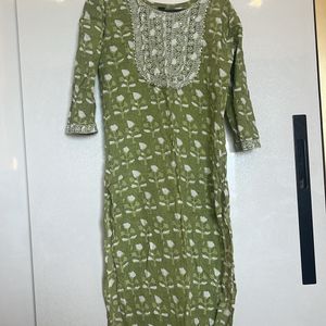 Olive Green Kutri And Pajama Set